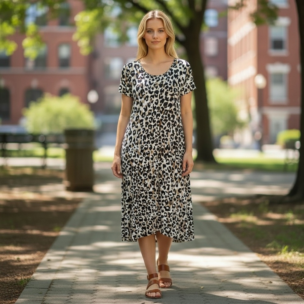 Westbound Leopard Print Handkerchief Hem Midi Dress Boho‎ Safari Edgy Western M